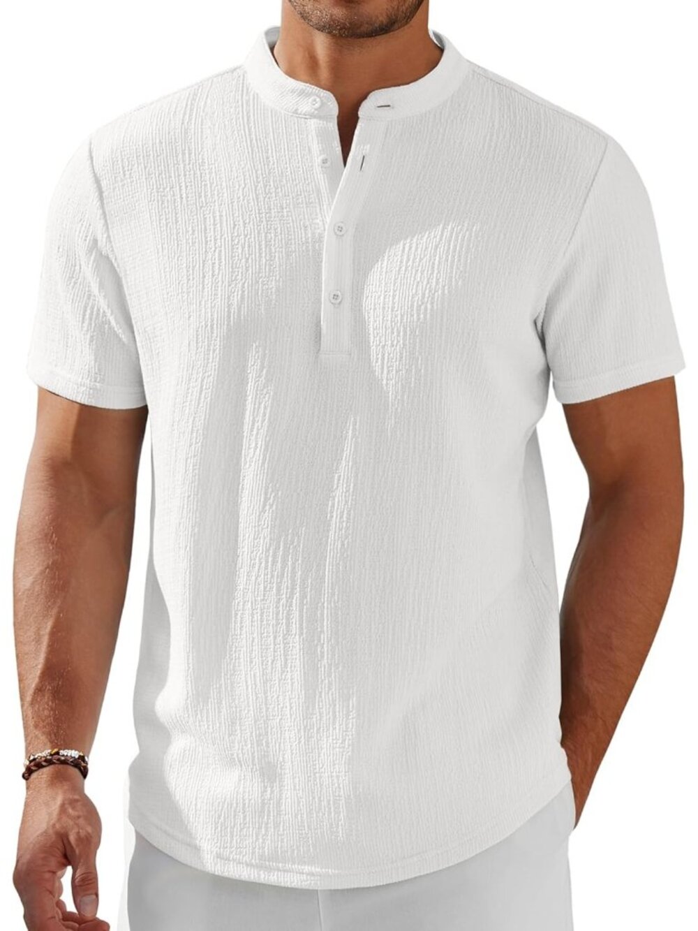 Men's White Henley Short Sleeve Stand Collar Summer Casual Hippie Shirts